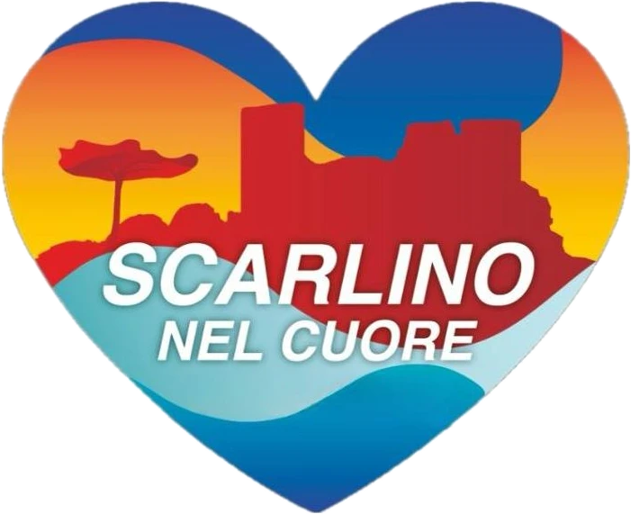 Il simbolo di Scarlino nel Cuore: un cuore con la Rocca, il pino, il tramonto e il mare
